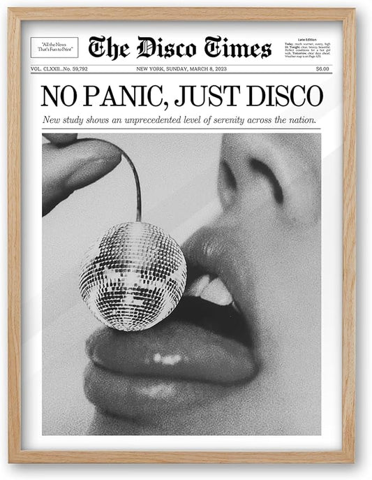 iHery No Panic Just Disco Small Framed Trendy NewsPaper Wall Art,Beige OAK Wood 8x10in Canvas Bedroom Wall Art, Cherry Disco Ball Poster,Magazine Wall Decor For Dorm Living Room Home 1Pack