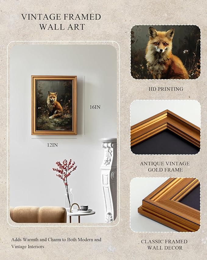 InSimSea Gold Framed Canvas Prints Wall Art, Vintage Fox Decor, Dark Academia Cottagecore Animals Paintings Farmhouse Wall Decor, Antique Pictures for Bedroom Living Room Shelf, 12x16inch
