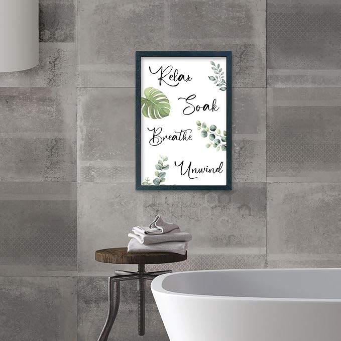 YWJKWLGS Bathroom Decor Relax Soak Breathe Unwind Framed Sign with Green Leaves, 11x16 Inch，Spa Wall Art for Modern Rustic or Farmhouse Style (Black)