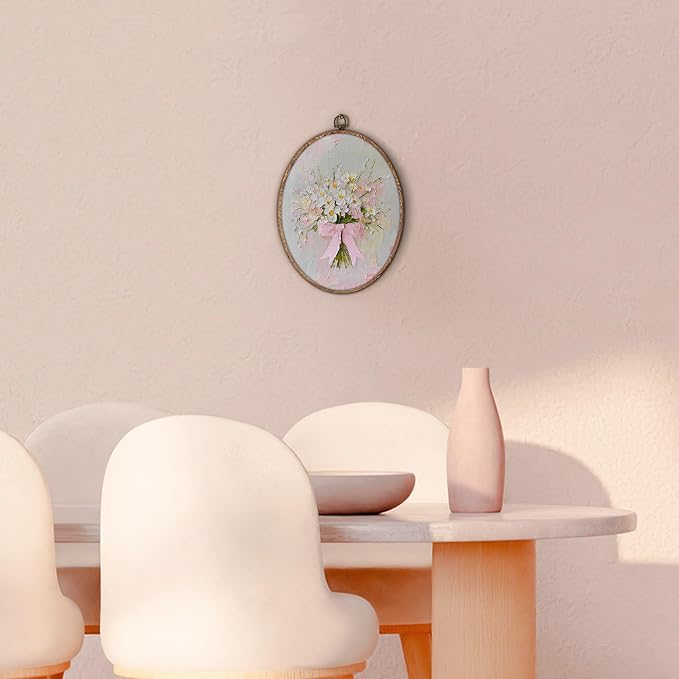 Vintage Pink Bow Floral Bouquet Oval Wall Art Framed, White Floral Oval Wall Decor, Vintage Flower Hanging Canvas Prints Wall Sculptures for Bedroom Living Room Decor, 8.5x11.5 Inch