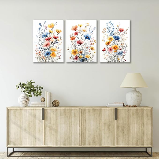 okudolit Colorful Wildflower Framed Canvas Wall Art Set Of 3 Flowers Pictures Prints Flowers Printing Floral Watercolors Flower wall Decor Living Room Bedroom Dinning Room Farmhouse Office-12x16in