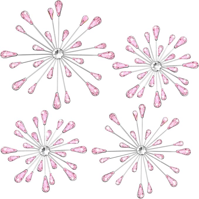 Hicarer 4 Pcs Starburst Wall Decor Bling Wall Art Crystal Teardrop 3D Hanging Rhinestone Radial Metal Artwork Modern Accent Sculptures Decorations for Living Room Home Office Bedroom(Pink)