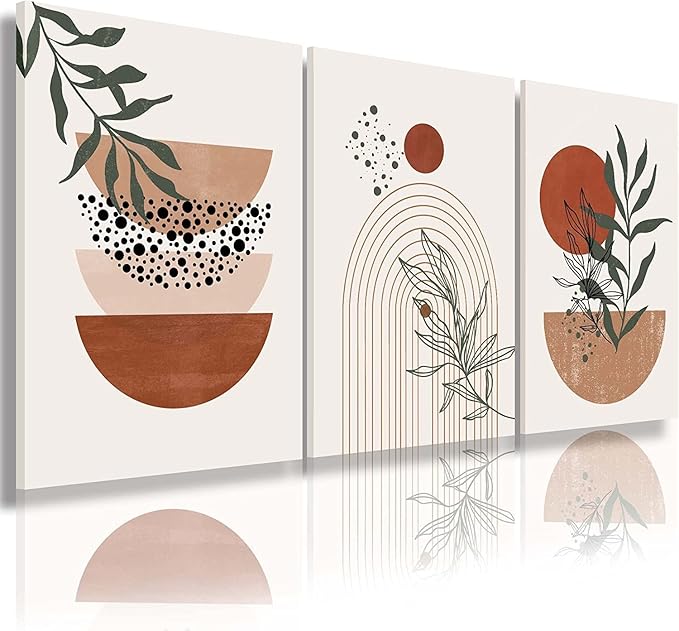Boho Wall Art Prints，Boho Wall Decor, Mid Century Modern Wall Art，Set of 3 Prints, Abstract Geometric Prints Black Beige Terracotta Minimalist Art, Natural Framed Canvas Prints Artwork For Living Room