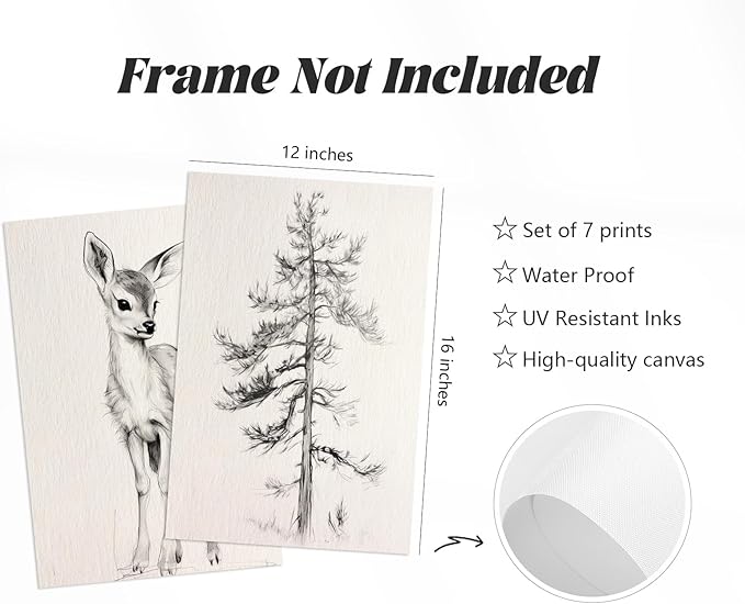 Vintage Nursery Wall Art Woodland Animal Canvas Decor Baby Room Wall Art Forest Animal Pictures Kids Tree Prints Posters Nature Deer Fox Painting Nursery Artwork for Bedroom 12x16x7 Inch Unframed