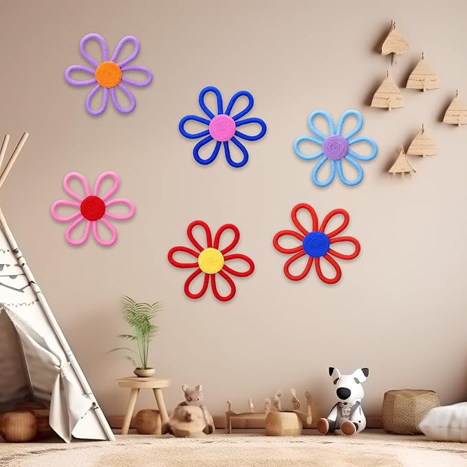 Ripeng 6 Pcs Boho Nursery Decor Flower Daisy Wall Art 6 Inch Woven Macrame Wall Hanging Bohemian Flower Decor Daisy Nursery for Baby Girls Kids Home Bedroom (Vibrant Color)