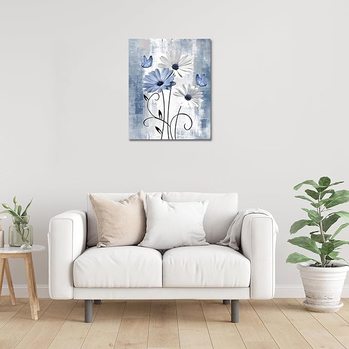 MYUSRE Farmhouse Blue Floral Wall Art for Living Room, Blue and White Daisy Butterfly on Abstract Geometric Canvas Wall Art Country Flower Pictures for Bedroom Bathroom Home Decor,10L X 8W inches