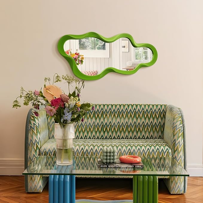 Green Wall Mirror Decor for Hallway Entryway, Large 13.8x29.7 Asymmetrical Decorative Mirrors for Home Office Living Room, Funky Home Decor for Housewarming Christmas Wedding Gift (Lawn Green)