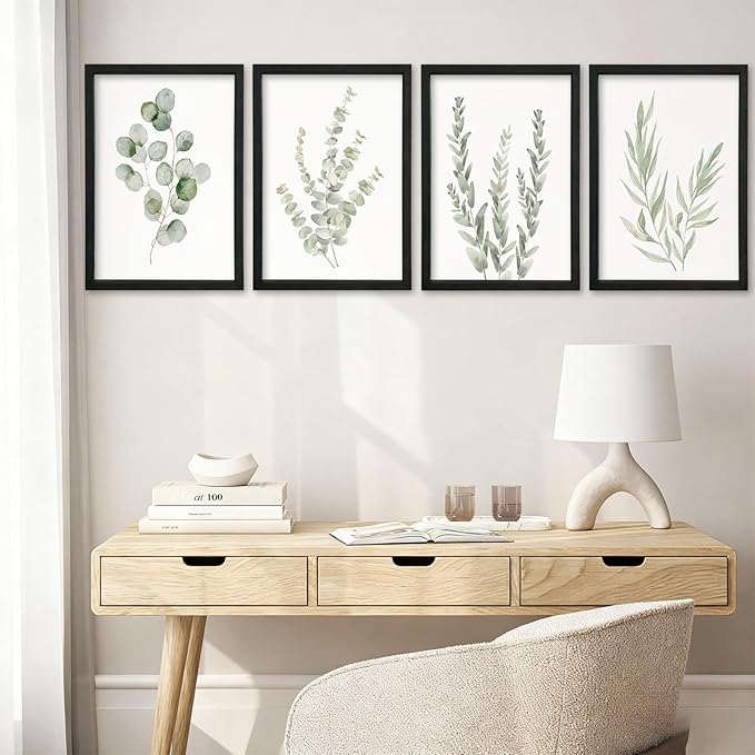 YWJKWLGS Botanical Watercolor Prints Sign Sage Green Eucalyptus Wall Decor 11x16 Inch Set of 4 Minimalist Wood Framed for Bathroom Laundry Room Office Wall Hanging Art (Black)