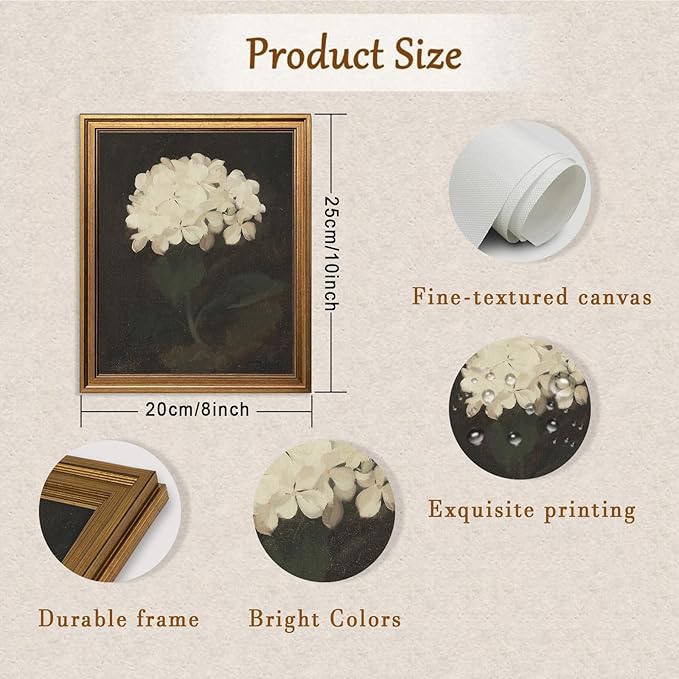Aroutde Floral Wall Art, Gold Framed Vintage Flower Printing Canvas Wall Decor, Moody Botanical Flowers Art Decor for Living Room Bedroom Shelf Decoration(10L x 8W, Framed)
