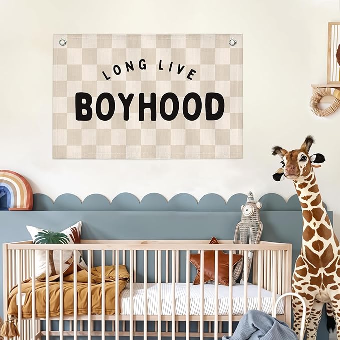 Lacama Long Live Boyhood Boys Room Decor Nursery Decor, Linen Banner Wall Hanging Banner Flag for Boys Bedroom Decor Toddler Boy Room Nursery 30x20 In