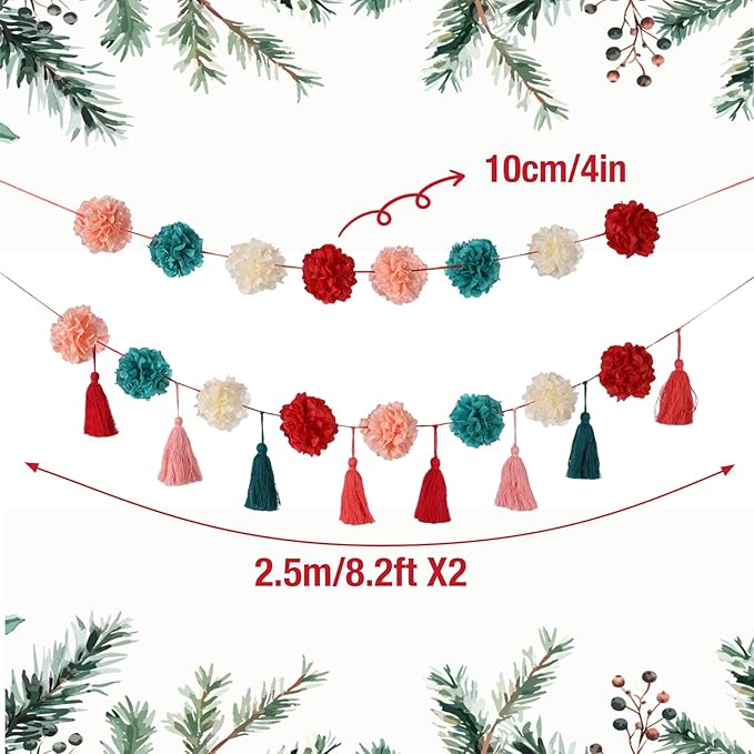 Tissue Paper Pompom Garland with Cotton Tassels, 2 Pcs Christmas Garland for Mantel, Window, Staircase, Holiday Party Decorations, Christmas Hanging Decorations, Green Red Pink Pompom