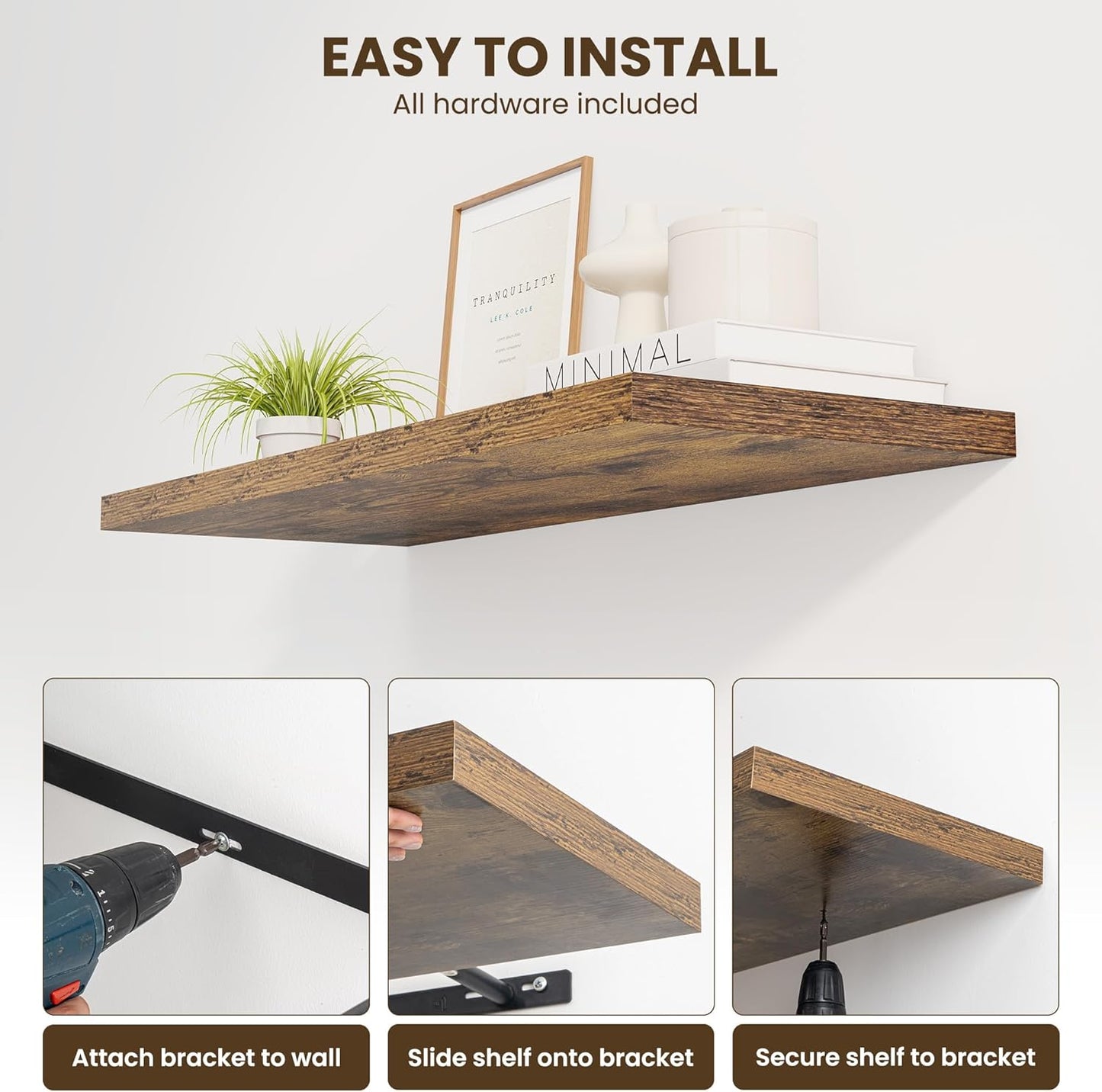30" Floating Shelves for Wall, 12" Deep Slim Rustic Brown Floating Shelves, Wall-Mounted Shelves for Bedroom, Living Room, Kitchen, Bathroom - Set of 2
