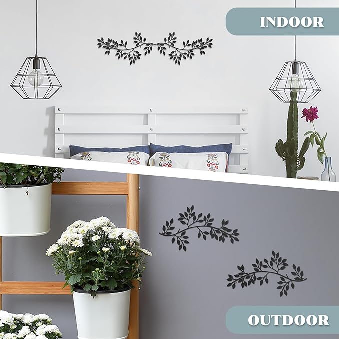 Hotop 2 Pieces Metal Tree Leaf Wall Decor Vine Olive Branch Leaf Wall Art Wrought Iron Scroll Sculptures Above the Bed, Living Room, Outdoor Decoration (Classic Style,Black)