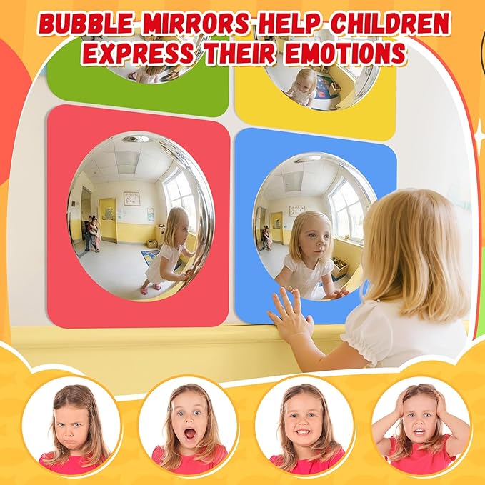 Geiserailie 4 Pcs Sensory Wall Mirror Acrylic Bubble Mirror Toys for Calming Corner Items - Sensory Room Have Visual, Tactile Stimulation (6 x 6 Inch,Pink,Yellow,Green,Blue)