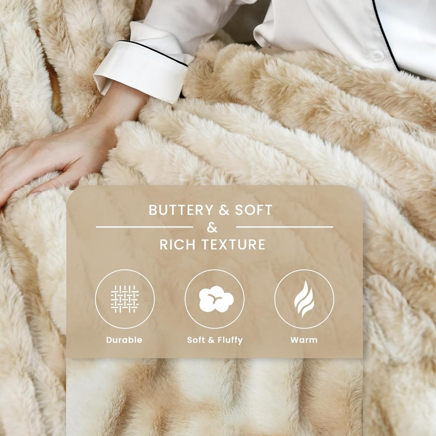 Faux Fur Blanket, Throw Blanket for Couch, Fluffy Blanket with Stretch Ruched Design, Ultra Soft Giftable Home Decor, 50x60 inches, Tie-Dyed in Khaki