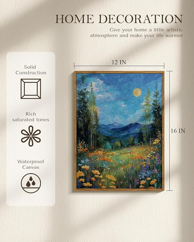 WHASAYART Vintage Floral Framed Wall Art Aesthetic 12x16 Rustic Nature Canvas Print with Blue Background, Colorful Vibrant Floral, Forest, Mountain for Home Office Bedroom Living room Hallway Decor
