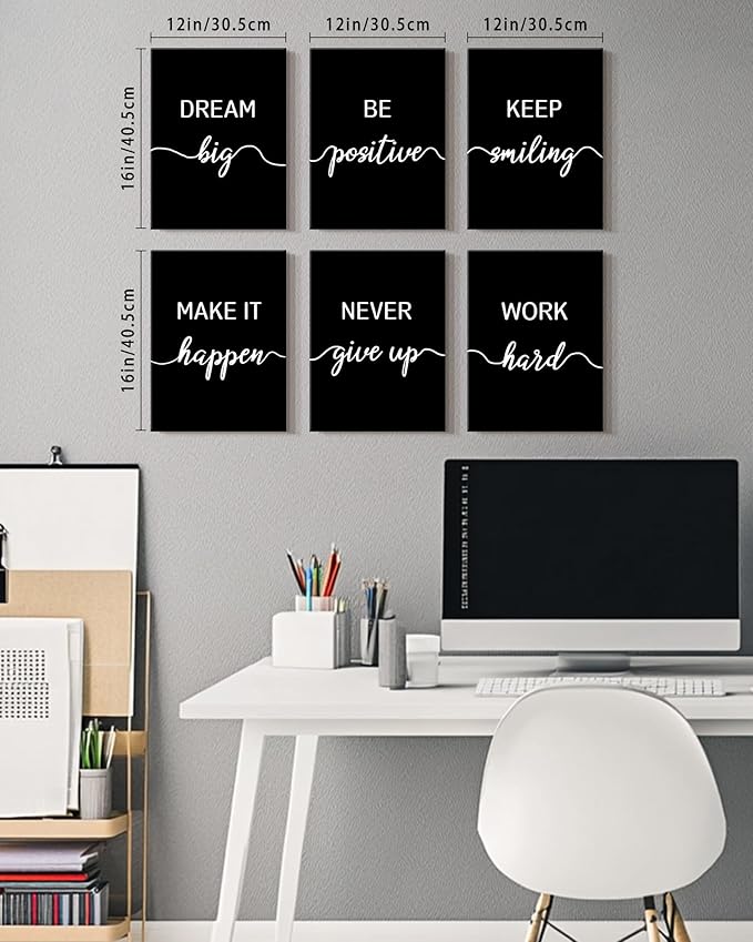 KUVIOKE Inspirational Office Wall Decor Motivational Quotes Framed Wall Art Encouraging Affirmations Sayings for Kids Classroom Bedroom Ready to Hang Set of 6, 12x16in (Framed)