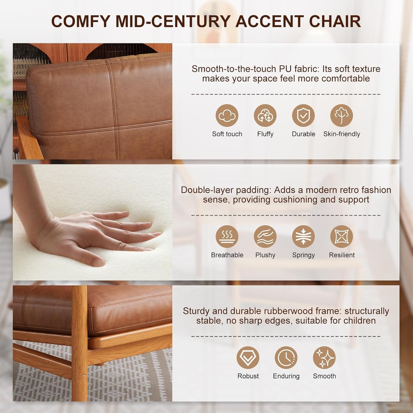 Mid Century Modern Accent Chair Set of 2, Leather Accent Chair, Relaxing Armchair with Solid Wood Frame & Soft Cushion, Reading Leisure Chairs for Living Room