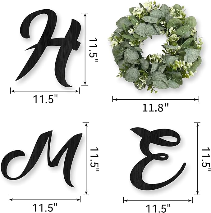 Wood Home Sign with Artificial Eucalyptus Wreath for O, Hanging Farmhouse Wall House Decor Wood Letters for Wall Art Rustic Home Decor, Wall Decor for Living Room Kitchen Entryway (Black)