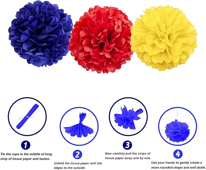 We Moment Red, Blue and Yellow for Theme Paper Pom Poms Decorations for Birthday Party Ceiling Wall Hanging Tissue Flowers Decorations 12pcs 3 Colors of 12 Inch 10 Inch