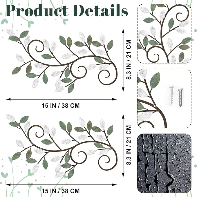 ESTART 2 Pieces Metal Tree Leaf Wall Decor Vine Olive Branch Leaf Wall Art Ornament Wall Hanging Sign for above Door, Living Room, Bathroom, Office, Indoor and Outdoor Decoration (White Green Colors)