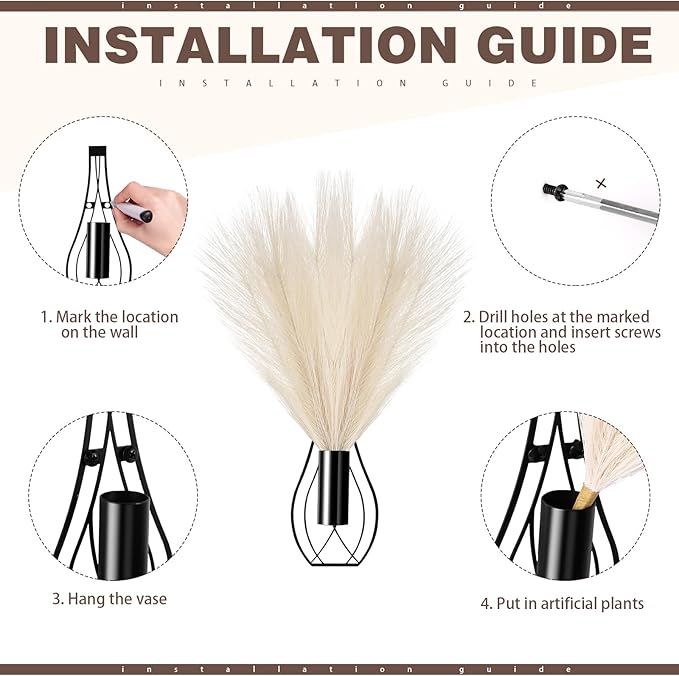 Otoolling 2 Pieces Hanging Plant Wall Decor with Artificial Pampas Grass Metal Hanging Vase Modern Geometric Farmhouse Bohemian Wall Art for Living Room Bedroom Kitchen Bathroom Office (Black, Beige)