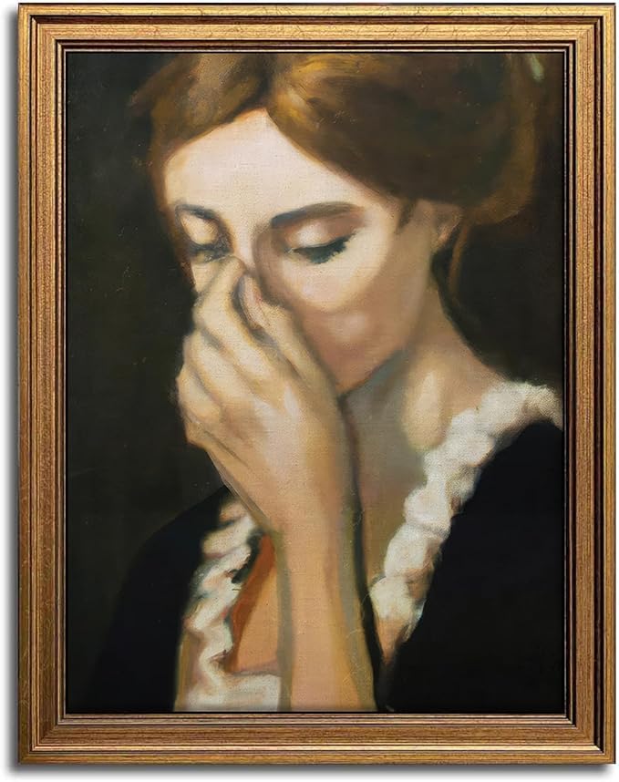 Aroutde Funny Bathroom Wall Art Vintage Gold Framed Humorous Toilet Woman Covering Nose Printing Amusing Farmhouse Wall Decor for Restroom (16L''x12W'')