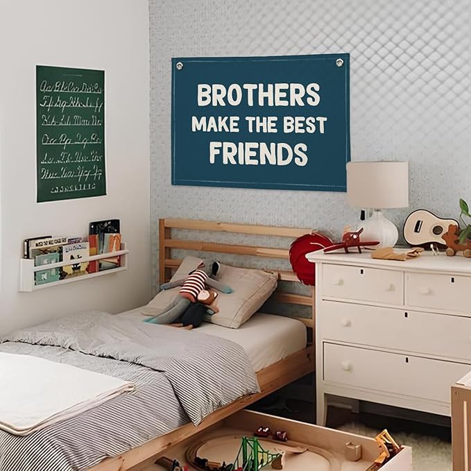 Brothers Make The Best Friends Banner, Boys Room Decor, Toddler Boy Linen Banner Wall Hanging Flag Decor for Nursery 20x30 - Navy Blue
