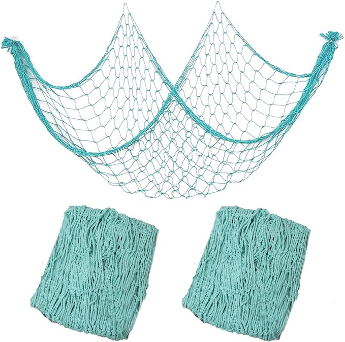 2 PCS Fish Net Decorations, 80 x 40 Inch, Ocean Themed Party Decor Beach, Nautical Wall Hanging Fishing Net for Coastal Bedroom, Bathroom, or Under The Sea Party Decorations (Aqua)