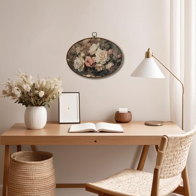 JQF Vintage Rose Floral Oval Wall Decor, Cottagecore Floral Oval Canvas Wall Art, Rustic Moody Botanical Flower Framed Prints Hanging Decor for Home Bedroom Living Room, 11.5x8.5 Inch