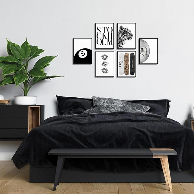 Framed Fashion Trendy Leopard Wall Art Set of 6 Stockholm Preppy Room Painting Picture Wall Decor Black White Aesthetic Cheetah Poster Print Artwork for Girls Bedroom Dorm Apartment Home Decoration