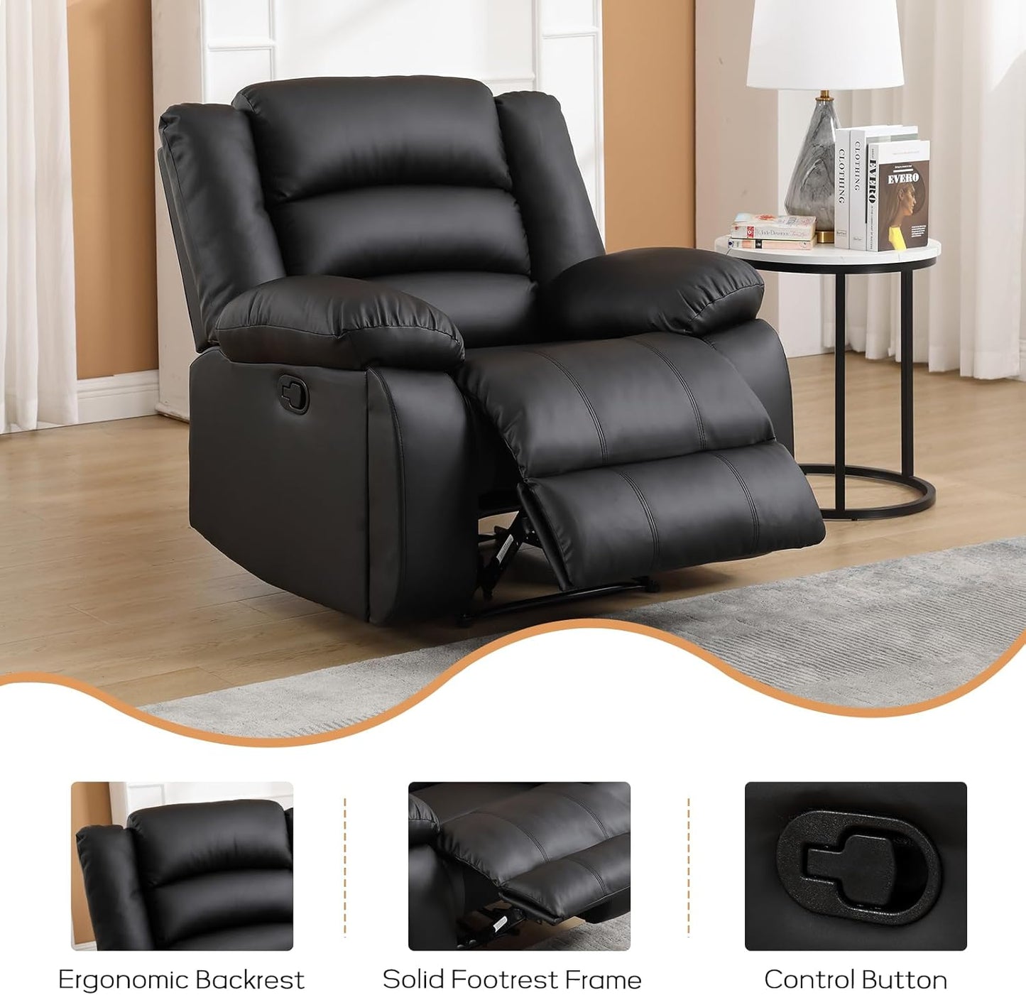 EBELLO Faux Leather Manual Recliner Chair, Single Reclining Sofa Chair Couch with 2 Concealed Cup Holders, Overstuffed Armrest Backrest for Living Room, Bedroom, Meeting Room, Black