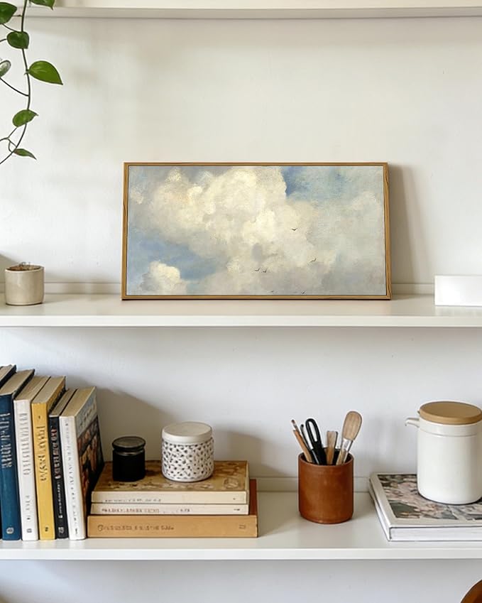 SHENIFY Vintage Landscape Framed Wall Art Sky Cloud Nature Farmhouse Decor Retro Classical Painting for Kitchen Bedroom Living Room Bathroom - 8x16in Natural Framed