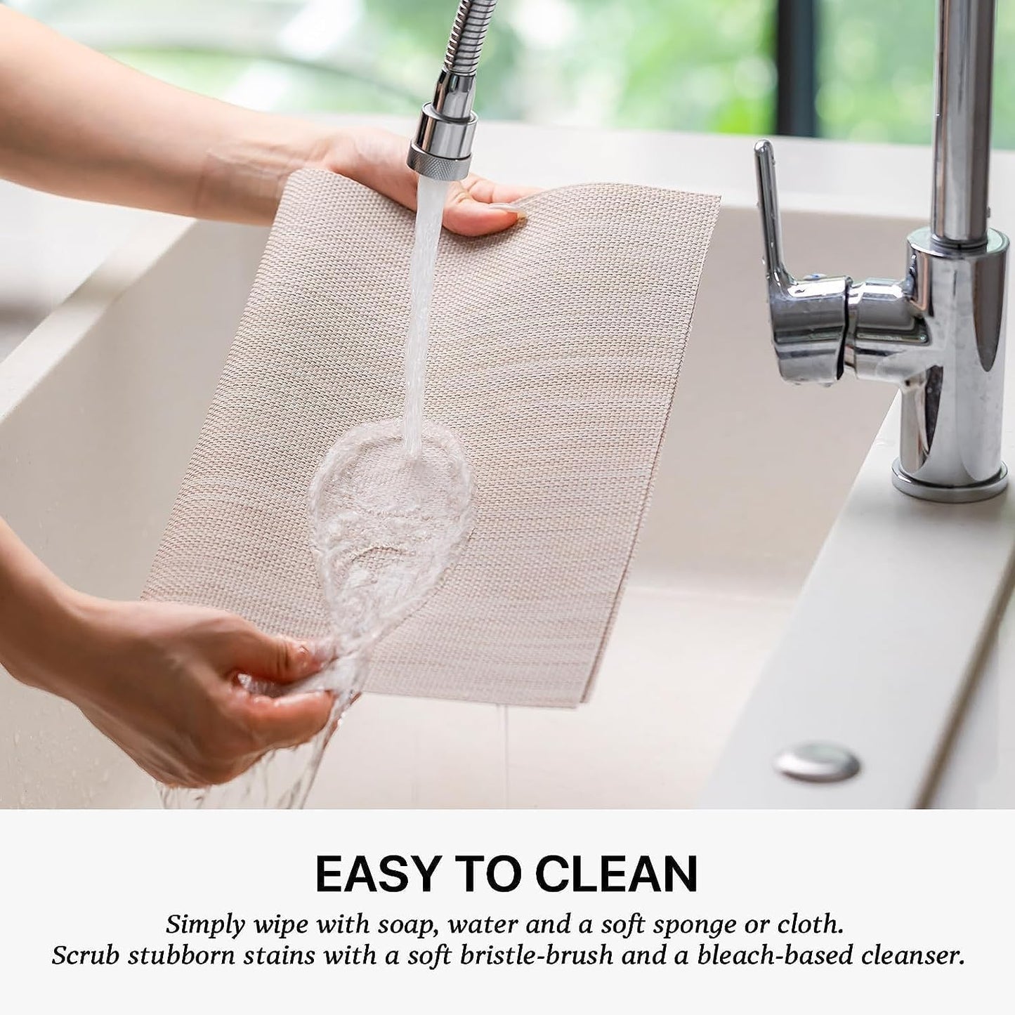 LEXMORE Placemats Set of 8 Vinyl/Plastic Woven Place Mats for Kitchen Table Indoor/Outdoor Washable Placemat Wipeable Dining Table Mats(A-Beige White)