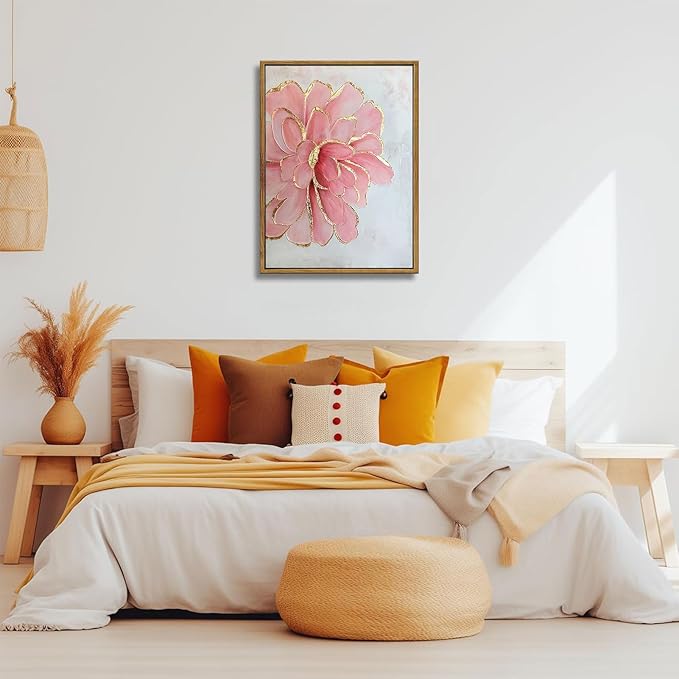 Framed Pink Peony Flower Canvas Wall Art Modern Pink and Gold Floral painting Decor Pictures Abstract flowering Posters Prints for Corridor Living Classroom Bedroom Woman Room Decoration