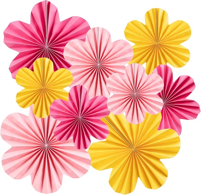 SUNBEAUTY Paper Flowers Decorations for Wall, Paper Flower Fan Classroom Decoration Paper Floral Backdrop Decor Paper Fans Decoration Hanging Paper Fans Pink Yellow Flower Wall Decor