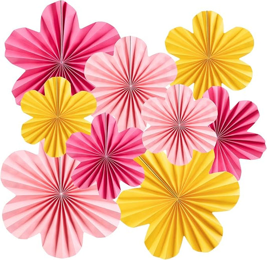 SUNBEAUTY Paper Flowers Decorations for Wall, Paper Flower Fan Classroom Decoration Paper Floral Backdrop Decor Paper Fans Decoration Hanging Paper Fans Pink Yellow Flower Wall Decor