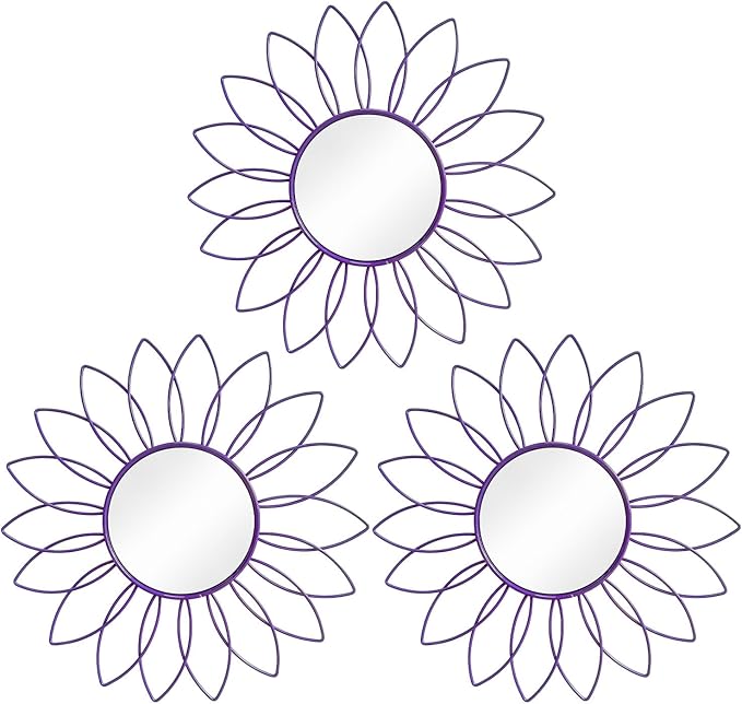 3 Pack Metal Mirrors for Wall Sunburst Wall Mirrors Home Décor Decorative Hanging Wall Art for Living Room Bedroom Entryway (Purple, Flowers)