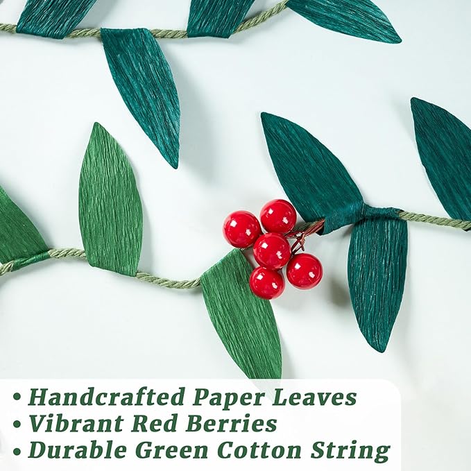 Christmas Banner Garlands 2 Pcs, with Handcrafted Paper Leaves and Decorative Red Berries, Paper Greenery Garland Banner for Xmas Indoor Home Office Decorations