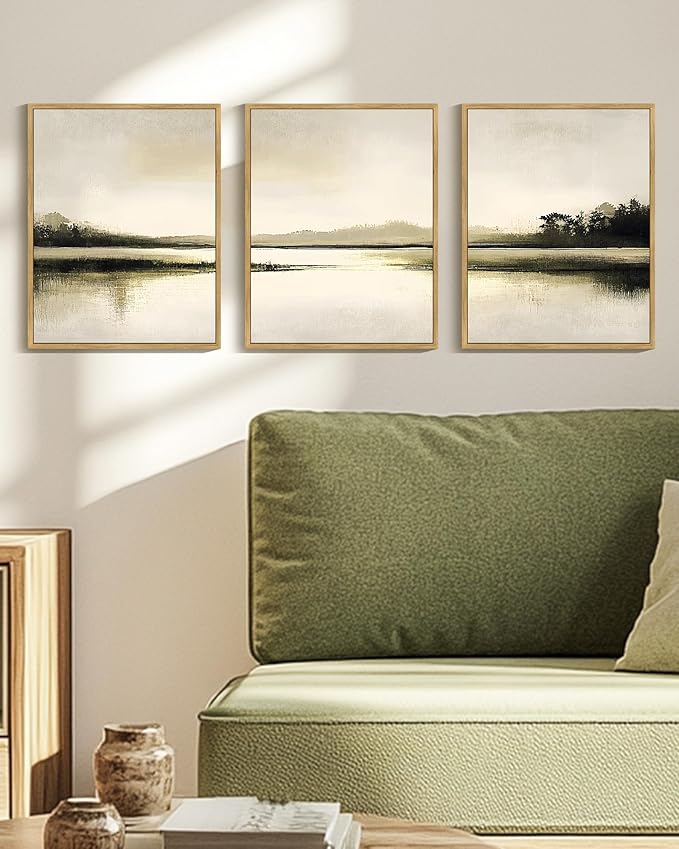 Drsoum Vintage Black Gray Abstract Laker Landscape Wall Art Framed Brown Tan Neutral Prints Minimalist Modern Rustic Artwork Bedroom Living Room Ready to Hang 11x14in Natural Framed