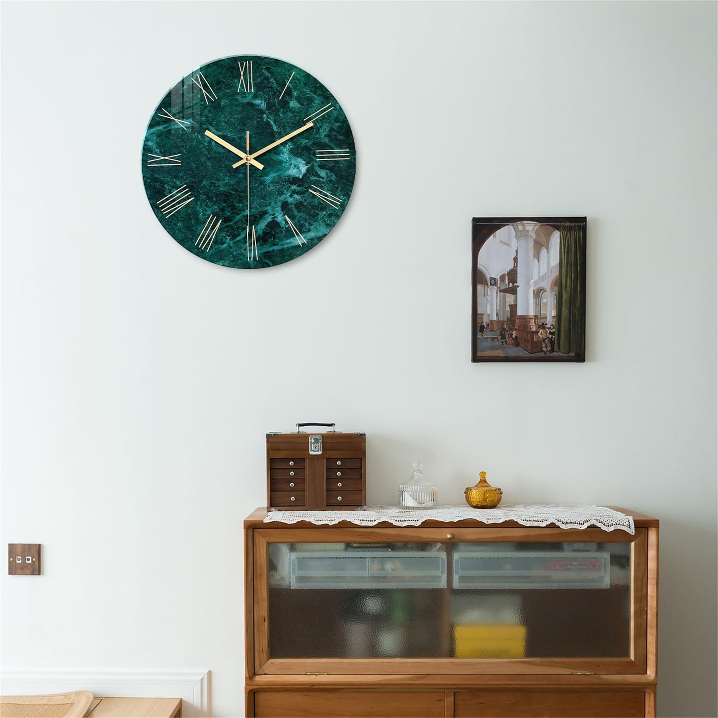Teal Wall Clock Battery Operated 14 Inch Modern Abstract Clocks for Living Room Decor Marble Pattern Glass Analog Wall Clock Silent