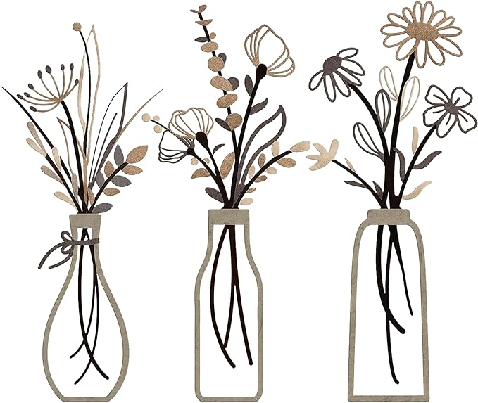 Nonforgetta 3 Pieces Metal Flowers Wall Arts - Rustic Farmhouse Style Décor Metal Wall Art Black Minimalist Flower Natural Themed Wall Decors for Home Bedroom Dining Room Housewarming (Brown)