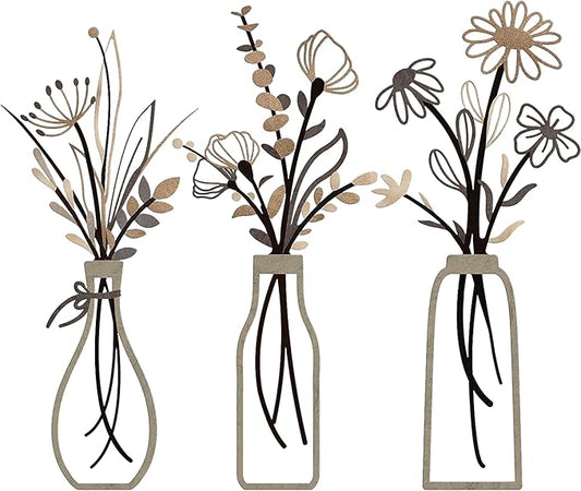 Nonforgetta 3 Pieces Metal Flowers Wall Arts - Rustic Farmhouse Style Décor Metal Wall Art Black Minimalist Flower Natural Themed Wall Decors for Home Bedroom Dining Room Housewarming (Brown)