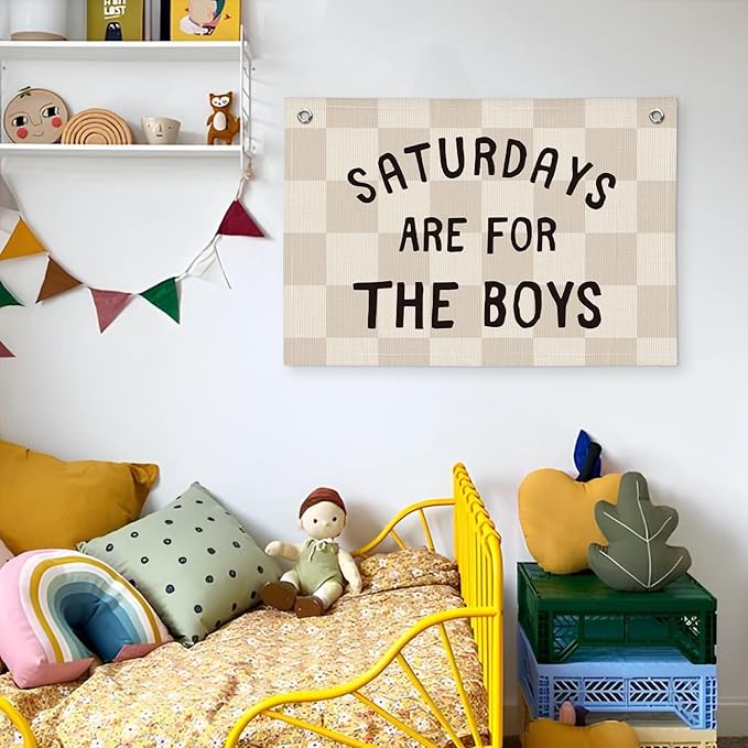 Boys Banner Flags for Bedroom, Linen Canvas Banner Wall Hanging Flag Decor for Boy Room Playroom Dorm