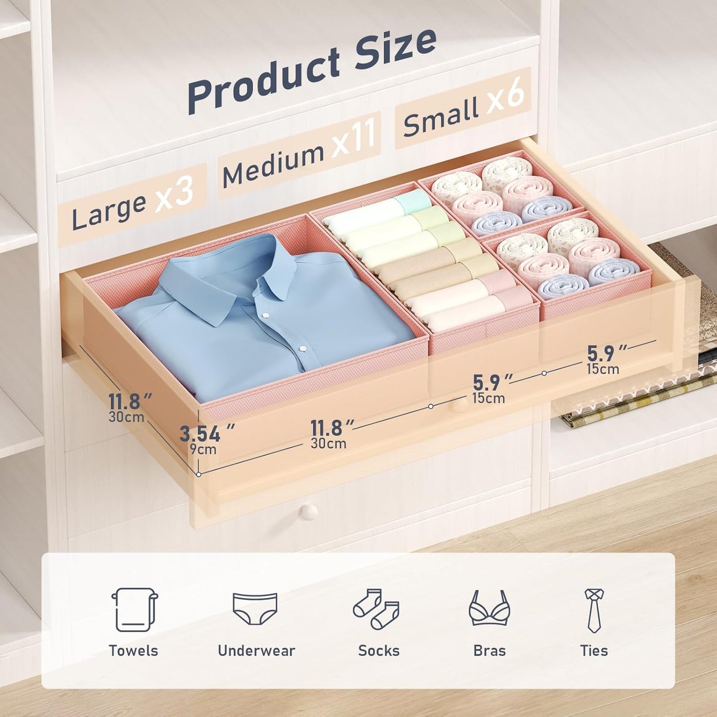 DIMJ Drawer Organizer Clothes 20 Pack - Foldable Baby Organizers and Storage & Dresser Organizer for Bedroom, Closet - Nursery Organization Dresser Dividers for underwear, Sock,Bra, Belt, Tie, Pink