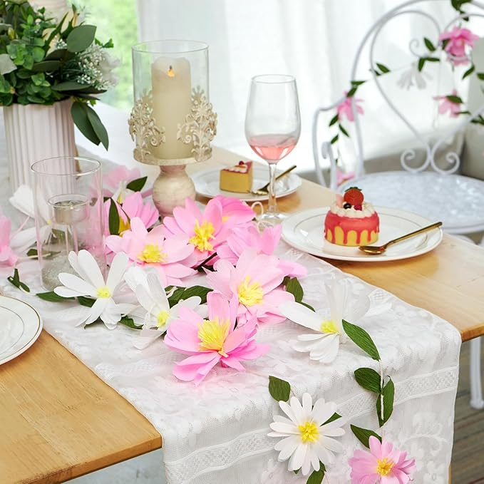 EASY JOY Crepe Paper Flowers Banner White Gradient Pink Flower Banners Spring Hanging Paper Floral Leaves Garland for Spring Birthday Wedding Home Decorations