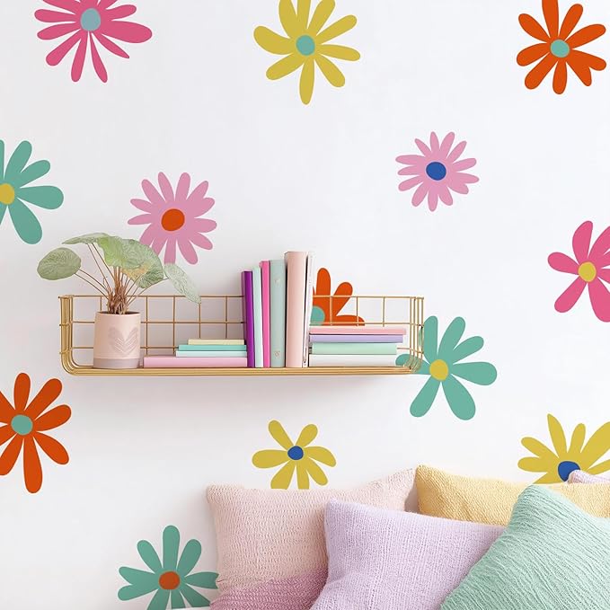 24 PCS Flower Wall Decals Peel and Stick, Daisy Wall Decor for Girls Bedroom, Colorful Daisy
