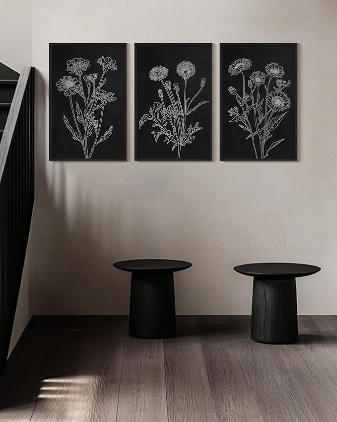 Drsoum Vintage Boho Botanical Flower Wall Art Framed Retro Floral Wall Prints Wildflower Neutral Rustic Bohemain Artwork Kitchen Bedroom Ready to Hang 16x24in Black Framed