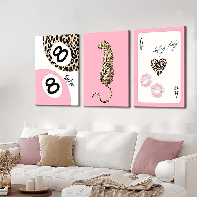 Set of 3 Trendy Pink Leopard Canvas Wall Art Cheetah Lucky 8 Ball Posters Prints Preppy Cheetah Aesthetic Wall Decor Pictures for Girly Bedroom Apartment Dorm Decoration 12x16in