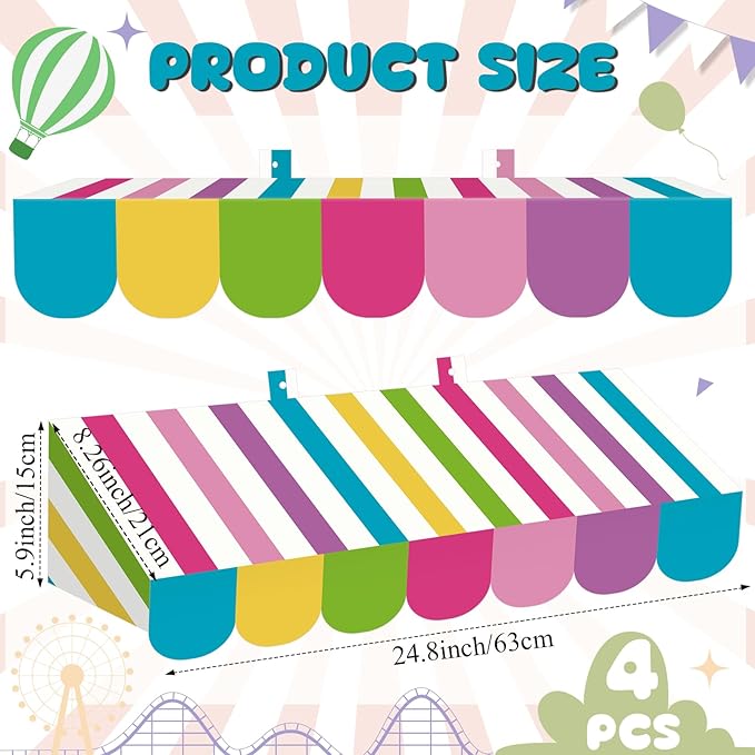 Tallew 4 Pack Circus Awning Decoration 3D Stripe Cardboard Awning Candy Color Carnival Wall Decor with Double Sided Tape for Lemonade Ice Cream Truck or Tick Car Carnival Stand Favors Supplies